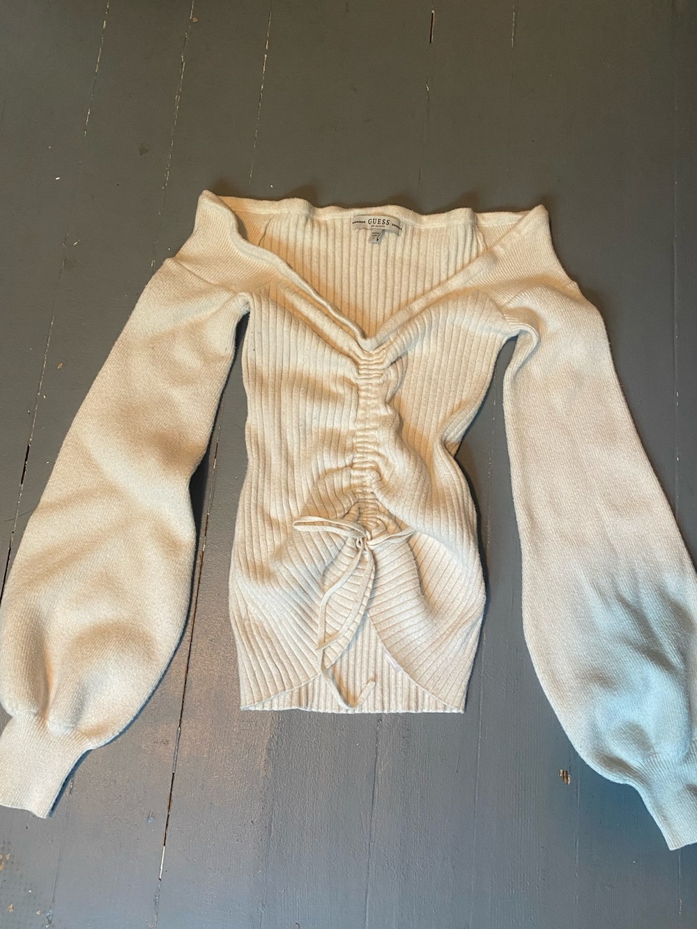 GUESS Cream Ribbed Off-Shoulder Sweater